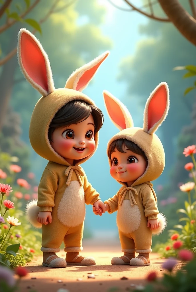 DISNEY PIXAR GIRL WITH BROWN EYES DRESSED AS A RABBIT HOLDING THE HAND OF A BOY WITH BROWN EYES DRESSED AS A RABBIT 
