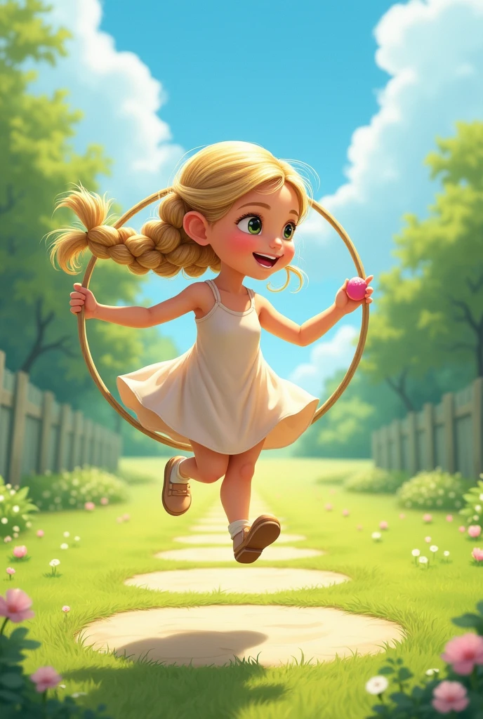   blonde hair with braids jumping hopscotch on hula hoop, while holding a small pink ball