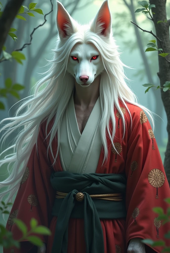 A man with white hair, dog ears, red eyes, wearing a kimono