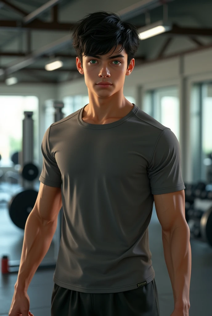 1 male teenager with black hair and green eyes and goes to the gym
