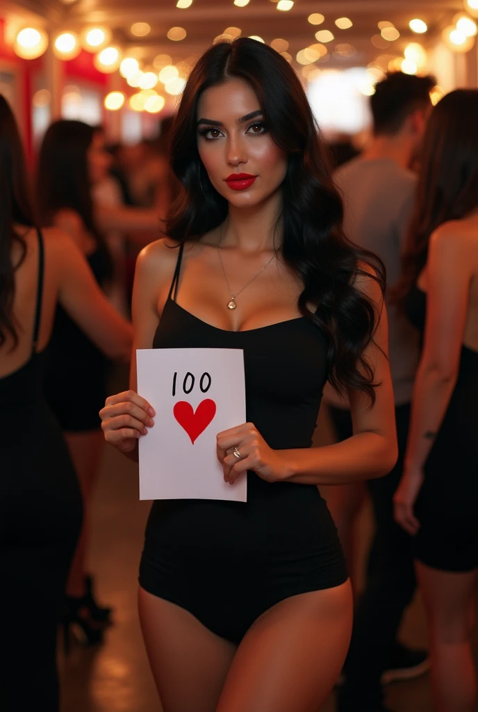 photo realistic, ultra realistic, masterpiece, best quality, highres, absurdres, woman in a crowd, wearing a elegant tight slit dress, long black straight hair, elegant perfect hair, (30 years old, hazel eyes, hourglass figure, perfect fit body, natural big breasts), femme fatale, seductive smile, she is a sex icon, she is a sex goddess, long eyelashes, cat-eye make-up, revealing clothes, skindentation, outdoors, full body picture, she is holding a white piece of paper in her hands, it has "100" written in cursive on it with a red heart next to it, she wears elegant black high heels, she has sexy long legs