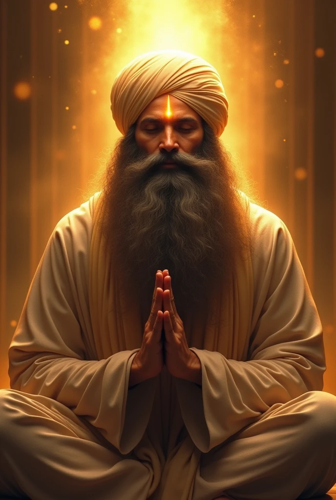 (photorealism:1.2), potrait of sikh saint meditating closed hands mystic background radiant light beautiful light clamness on face. Saint having very long beard . Golden light emerging from forehead of saint 