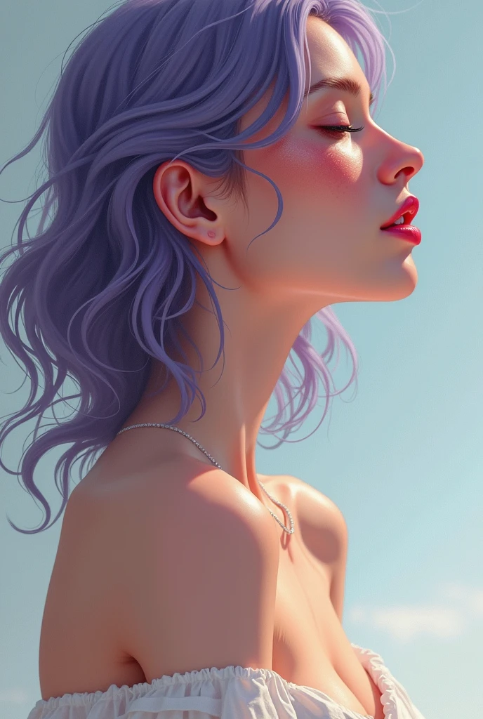 Imagine a highly detailed and realistic photo-quality illustration of a woman in profile, seen from below. brown skin, with the head slightly tilted downwards.and forward Neck forward, Her skin has a warm, pale tone., with freckles spread across her cheeks and nose. The hair is a violet tone, with subtle reflections that capture the light naturally, falling gently on his shoulders. Her lips are a soft pink color, complementing the warm tone of your skin. The eyes, although closed, They project serenity and peace.. bare shoulder, gran neckline, sheer fabric, The background has a subtle gradient from light grey to a soft blue., which highlights the figure of the woman and adds a soft and calm atmosphere. The light is diffuse, accentuating the soft shadows on her face and neck, which gives it an extra dimension and enhances the details of your expression and features You are a professional photographer.。This is a photo of the work scene..。BREAK,masterpiece、８k、of the highest quality, luz outfit, ultra high resolution, (realist:1.4), RAW Photos,2 、、(student, Light in your eyes), Natural black eyes、Beautiful face in every detail.,(High resolution detail of human skin texture.)、(half naked、beautiful nipples）、（neckline、medium breasts）、（transparency）、、maestro、（Wear a sheer white blouse）、wet skin、wet clothes、standing under the eaves、(portrait)