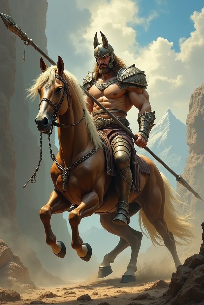 The Centaurs:The upper body is human and the lower body is horse, long spear, battle helmet, fictional painting,