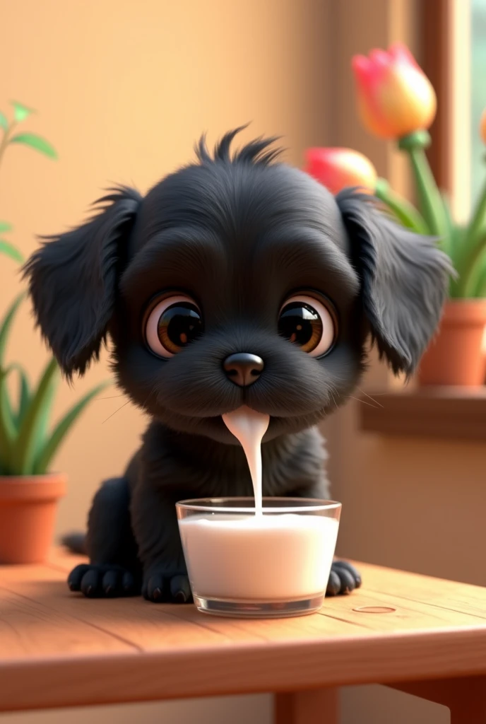 Black cute fur cat adorable black shih tzu puppy drinking milk on the table beside flower pot 3D Pixar style