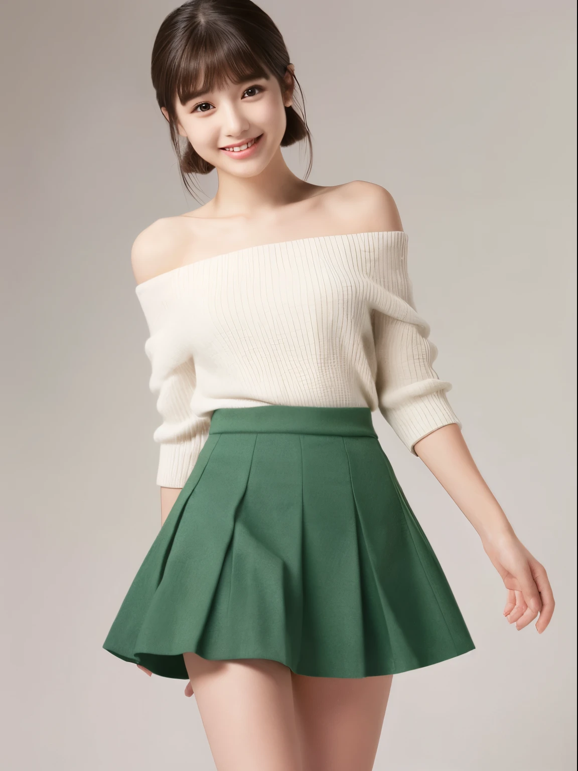 (8k, Top quality, Masterpiece:1.2), (Realistic, photo-realistic:1.37), Super detailed, perfect anatomy, cute, small eyes, 1, a Japanese, girl, mini skirt, slim legs, off shoulder, smile,