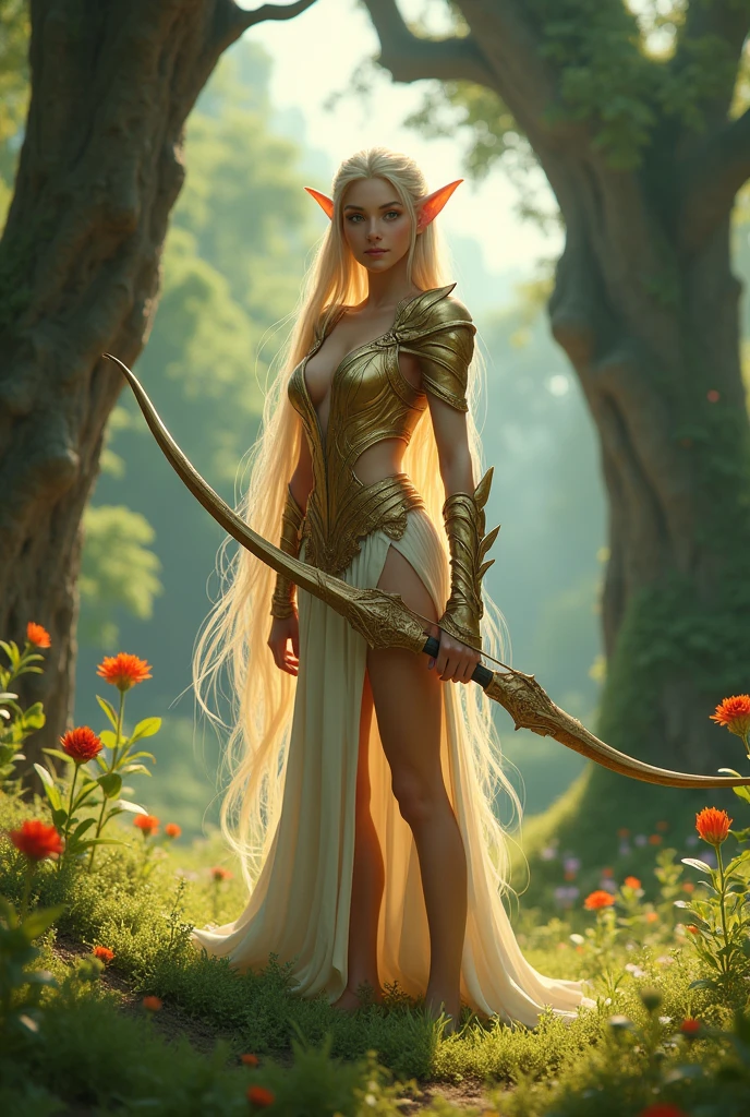 Realistic, full Body, very beautifull face, detailed face, lovely expression, young high quality female elf, beautiful face, very Long straight blonde hair, Emerald green eyes, golden light armor, Fantasy armor, holding mystic bow and arrow, in the middle of a flower with giant trees.