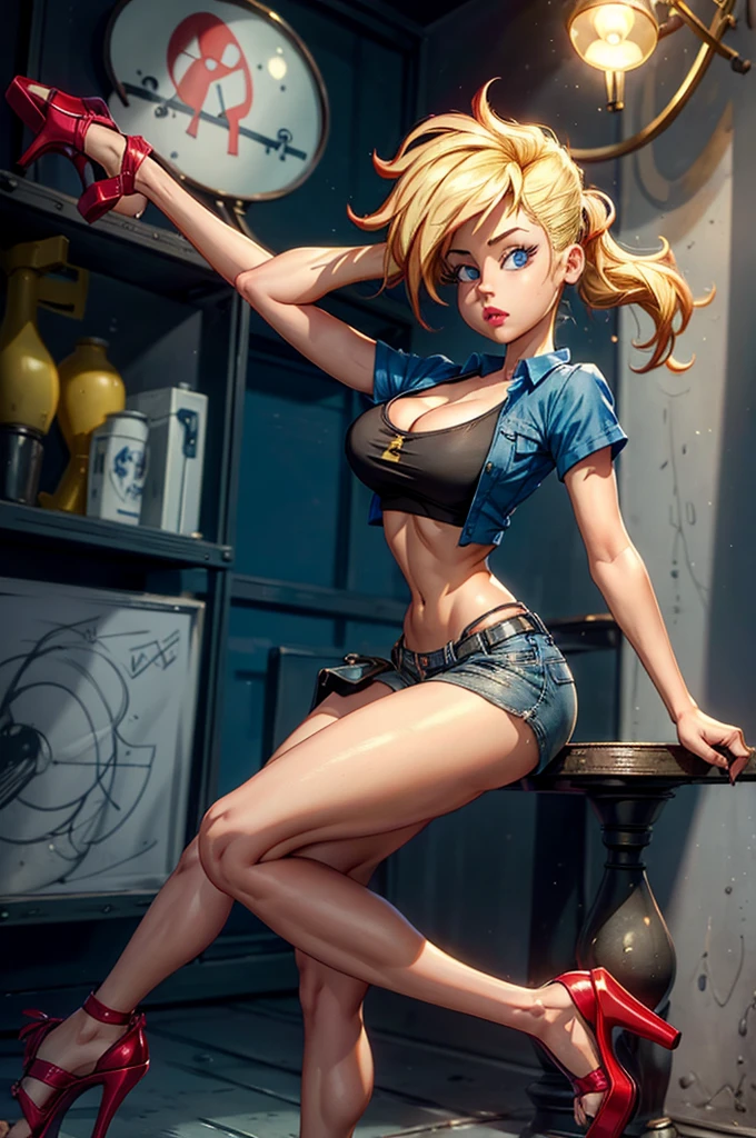 ((masterpiece, best quality)),(complex light),1girl, solo, portrait, jenny test, blonde hair,blue eyes, pants, midriff, open shirt, tank top, cleavage, large breasts, long hair, short sleeves shirt, looking at the viewer, ((open-toe platform extra high heels))