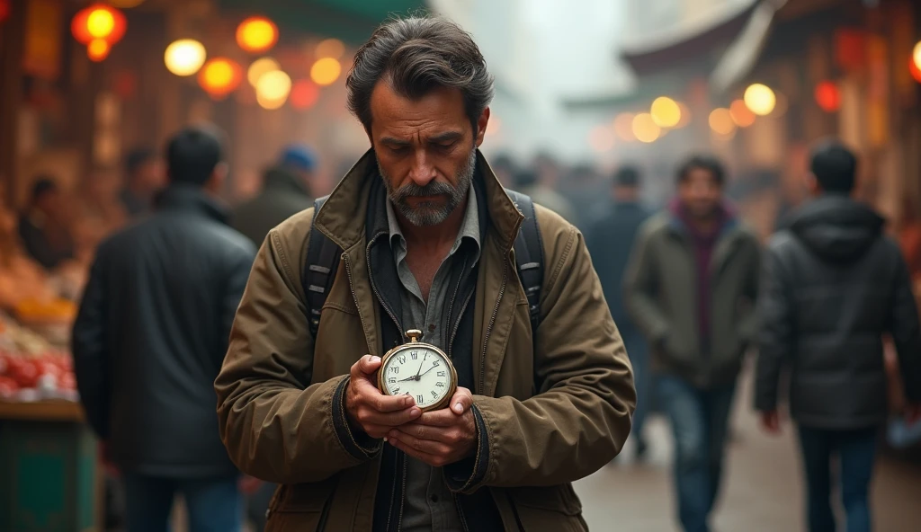 He takes the watch with a sad heart and goes to the market again.