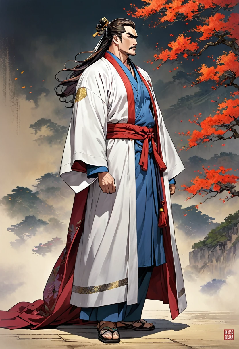 Three Kingdoms Jojo, Long robe, middle aged man, Full body exposed, Looking to the side, Don't turn your head, china 전통 의상, Only one person comes out, Gray-toned clothes, Monochromatic clothes, china