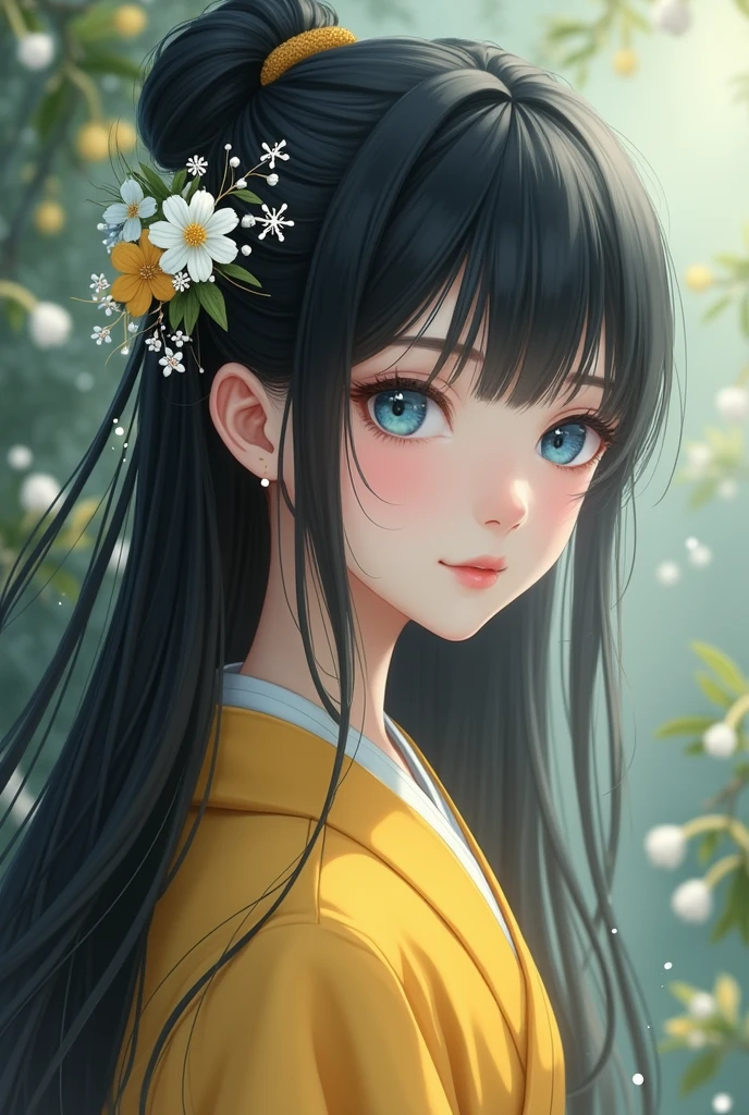 Hair: black
eyes: blue
accessories (hair): snowflake and lily of the valley hairpin
Costume: Yellow kimono
Gender: female
Age: 13