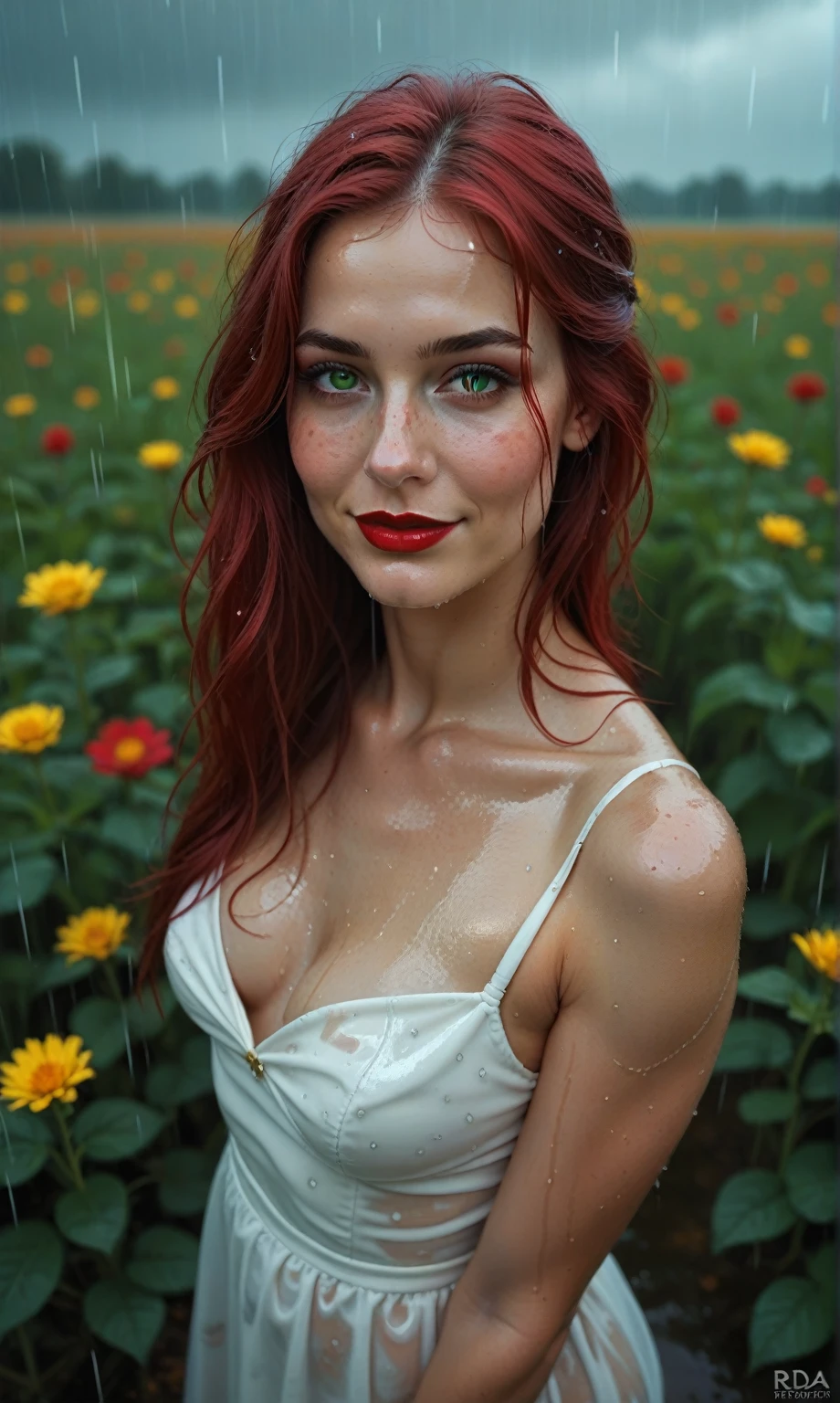 score_9, score_8_up, score_7_up, score_6_up, photorealistic, from above , full body  shoot, beautiful girl, red hair, freckles, green eyes, red lipstick, ((wet hair, wet skin)), wet white dress, in the rain, posing in the rain, smiling, downpour, in a field of flowers, looking at viewer, HDR