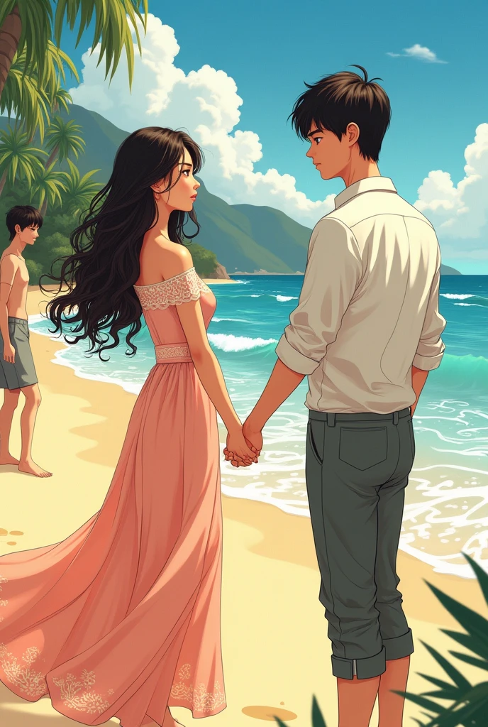 Một cô gái nắm tay một chàng trai, There was another guy watching from afar.. Chinese comic drawing. Beach scene. The girl and two young boys