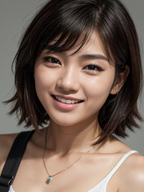(Multiple-angles half-body shot of 17 yo of South Korean descendant), 1girl, laughter, sweet laugh, K-Idol material, magazine model, side-swept short hair with locks, half-body profile, facing front, absurdres, high res, ultrasharp, 8K, professional photograph, award-winning portrait, masterpiece, symmetrical, Nikon D850, 85mm lens, f/1.8, depth of field,
