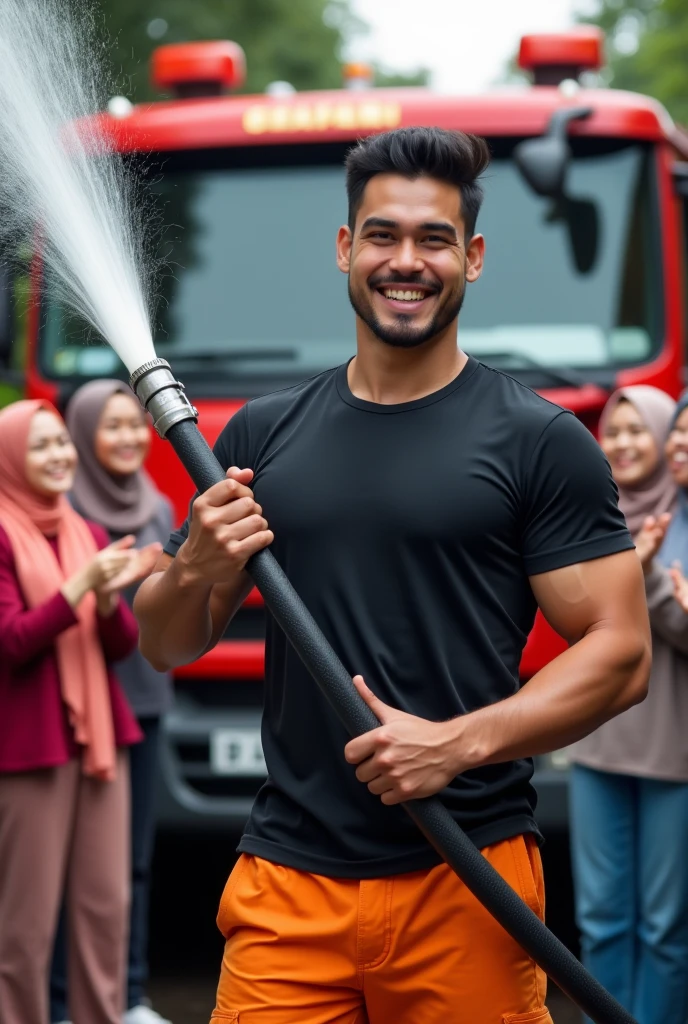 Malaysia guy age 2s. Handsome Man wear Blackshirt. Cargo pant orange firefighter jumpsuit wear tight in . Very muscle body. Holding water hose. Shoot the water to many girl hijab colorfull women cheerfull face clapping hand. Firetruck background