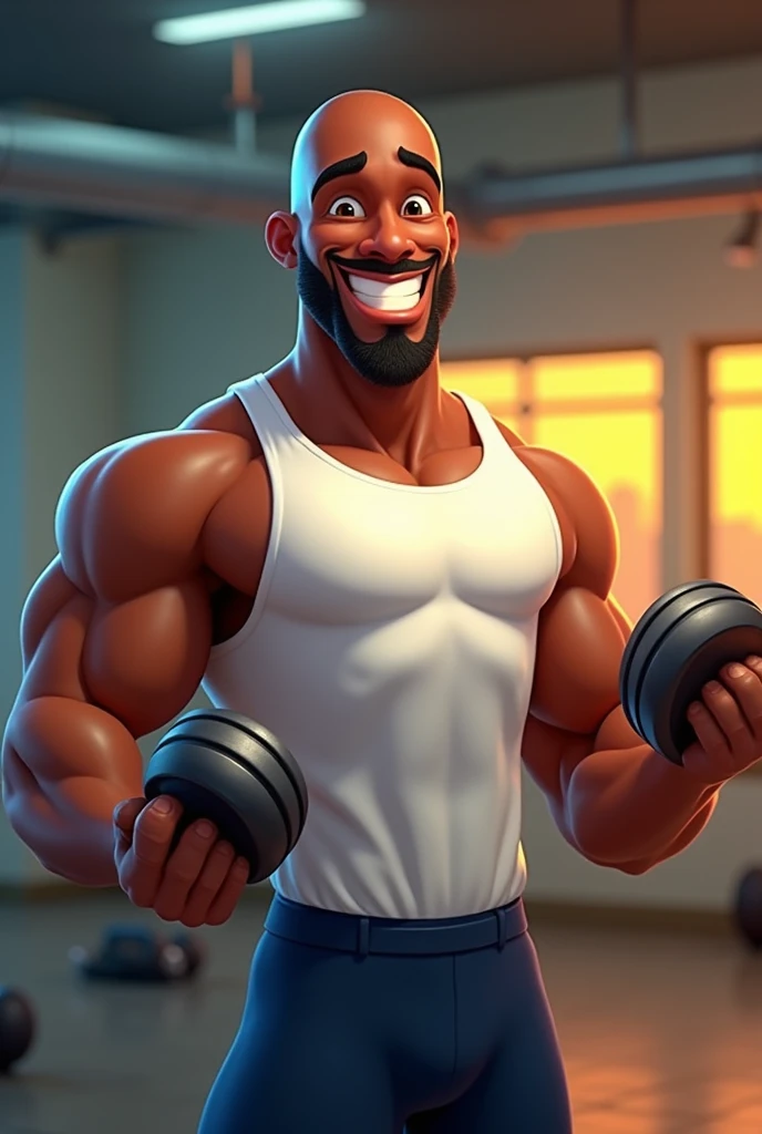 (logo coach Lucio) pixar style cartoon logo promoting logo Coach Lucio an 1 bald black man confident smile, white tank top, holding dumbbells, gym background , evoking a sense of energy, strength, and motivation, physique