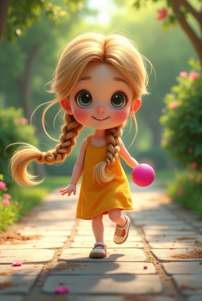 5 years of blonde hair with braids playing hopscotch, while holding a small pink ball
