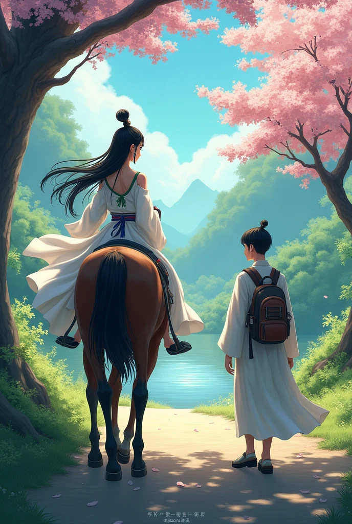 A beautiful young woman with a fierce expression in a dark white dress of a Han Fu Dynasty official rides a horse across a young man in a white dress with a backpack walking on a road in the middle of the forest. The atmosphere of the road in the forest, flying across the river. Beautiful peaceful scene anime., Very beautiful landscape., Landscape art, Landscape Art Details, Very beautiful digital art., The beauty of natural landscapes, UHD 4K beautiful art, Very beautiful photos, beautiful nature, landscape wallpaper, really beautiful nature, Beautiful digital artwork, beautiful background, The cherry blossom tree, anime style