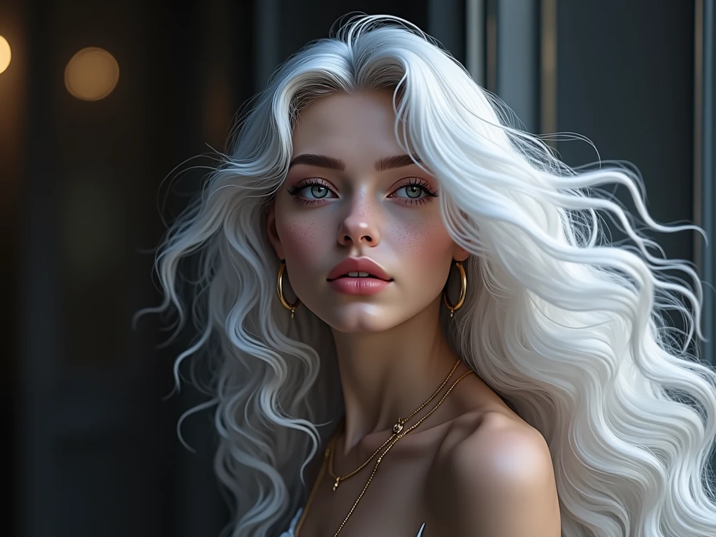 blond woman with long white hair posing for a picture, curly white hair, white curly hair, white beautiful hair, girl with white hair, perfect white haired girl, white cloud hair, silver curly hair, girl silver hair, white hair, white haired, long wavy white hair, flowing white hair, tanned freckled skin, alluring European facial features, wavy white long hair, white long hair, intense white hair, bright diffuse lighting on hair, bokeh background, white colored brows and eye lashes, one facial feature slurs into the next, firm and milky lips, silky iridescent hair, softer younger facial features, less ridges, teen girl,
