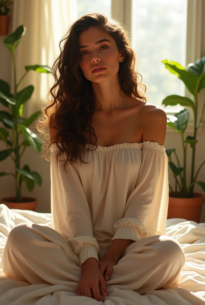 (photorealism:1.2), beautiful woman, sitting on bed, wearing loose off-shoulder top, pajama pants, long curly hair, indoors, soft lighting, plants in background, window with sunlight, cozy room, relaxed pose, realistic, intricate details, warm colors, by Greg Rutkowski, by Alphonse Mucha
