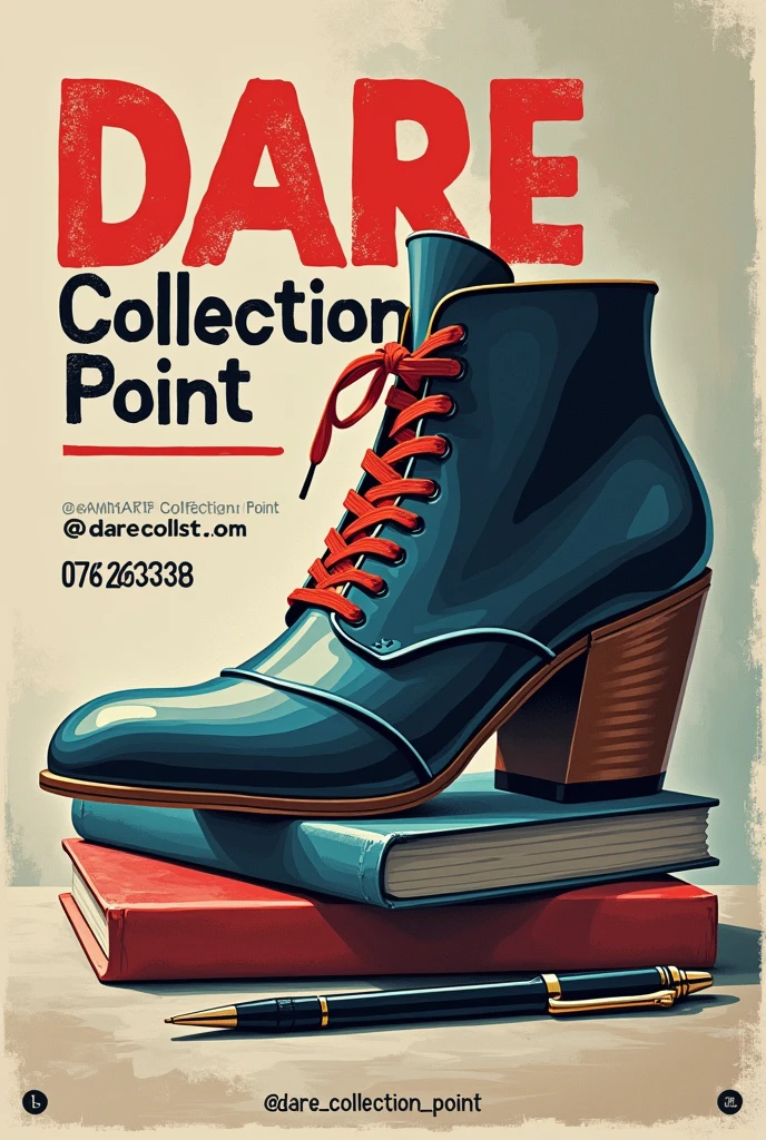 Create poster with Shoe, Book and pen. The heading should be DARE COLLECTION POINT. Should contain contact 0762623338, @Dare_collection_point. Remove all tag
