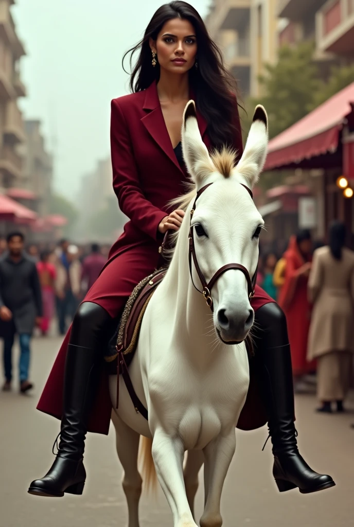 A beautiful Indian Woman riding a white donkey on road among people . She is well dressed in dark red coat pant & in black leather plain thigh high heeled boots . Focus on facial expressions & thigh boots . 