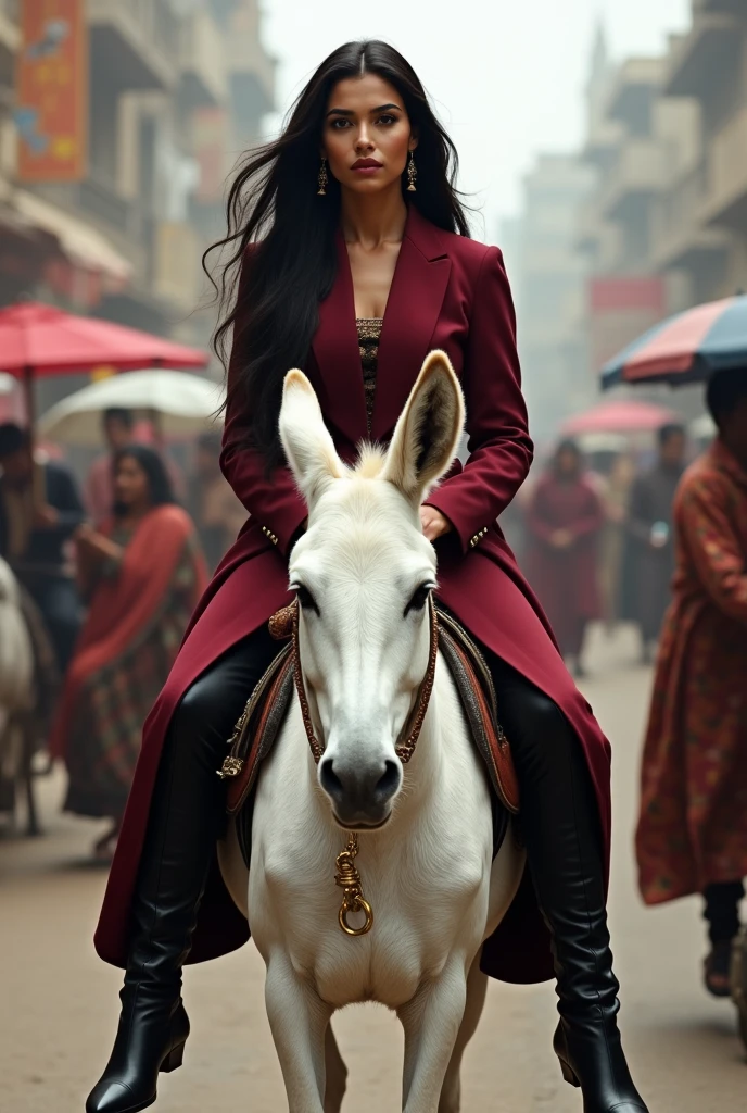A beautiful Indian Woman riding a white donkey on road among people . She is well dressed in dark red coat pant & in black leather plain thigh high heeled boots . Focus on facial expressions & thigh boots .