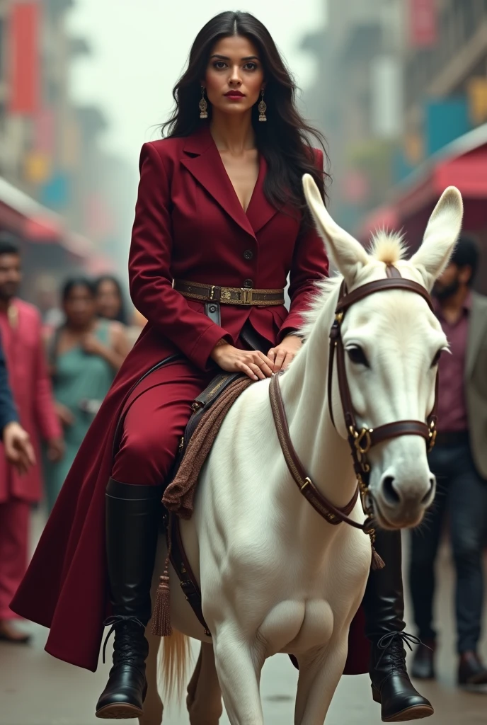 A beautiful Indian Woman riding a white donkey on road among people . She is well dressed in dark red coat pant & in black leather plain thigh high heeled boots . Focus on facial expressions & thigh boots .