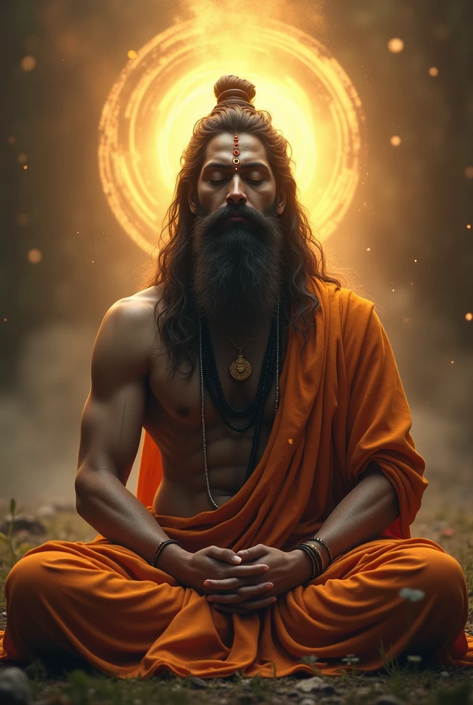 (photorealism:1.2), potrait lord shiva  meditating closed hands mystic background radiant light beautiful light clamness on face. Saint having very long beard . Golden light emerging from forehead of saint 