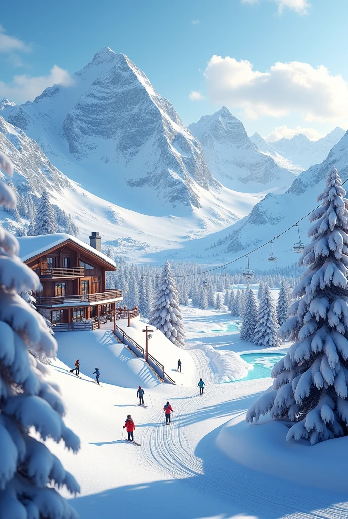 a snow-covered ski resort, ski lifts, people skiing, snowy landscape, winter sports, scenic mountain view, ski equipment, skiers on slopes, ski lodge, ski resort architecture, Cold weather, frozen lake, snow-covered trees, overcast sky, adventure, outdoor recreation, (raw photo, Best Quality, masterpiece, photorealistic, of the highest quality, Maximum image quality, High resolution, 8k, HD:1.2),
vibrant,Ethereal lighting,sharp focus,ultra detailed,((Extremely detailed 8k unified CG wallpaper)),
surreal and dreamlike textures,magical and mysterious essence,
unexplored and undiscovered wonders,sculptural and abstract elements,transcendent composition, visual effects, A gorgeous seducing subtle smiling model is in scene,
photorealistic, digital composition master class