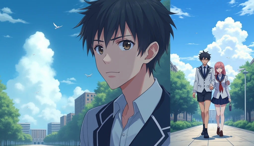 "A stylized anime cover featuring a young man with short, styled hair , wearing a school dress . He is looking away, with a serious expression. To the right, another scene shows the same man smiling and walking arm-in-arm with a woman in a school dress. The background is a serene college with blue skies, , and birds flying in the distance. In the top left corner, a ghostly, monochromatic image of the woman looks on, creating a mood of nostalgia or reflection."