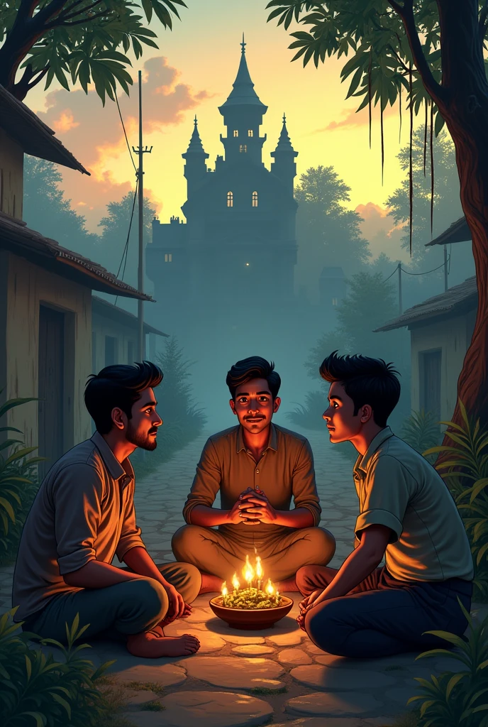 The Three Friends in the Village**:
- Three friends: Ravi, Mohan, and Sunil, sitting at a village gathering place, discussing the haunted mansion.
- The friends appear brave, with Ravi leading the conversation confidently.
- The scene is set during the evening with