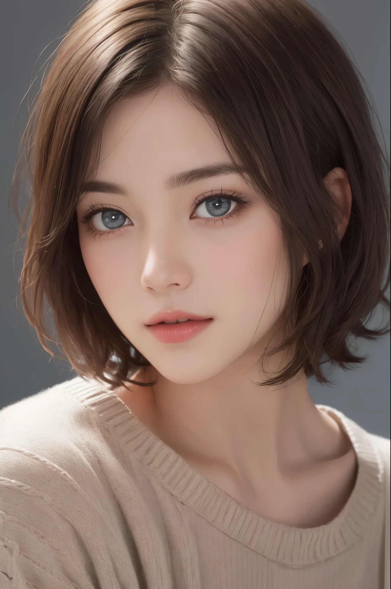 (Representative works:1.4)、(8k、Realistic、RAW Photos、Best image quality:1.4)、(30 year old mature woman)、Beautiful Face、(Realistic face)、(Dark brown hair、short hair:1.3)、Beautiful hairstyle、Realistic eyes、Fine and beautiful eyes、(Realistic skin)、Beautiful Skin、(sweater)、Uncoordinated、charm、超High resolution、Surreal、High resolution、Golden Ratio、Gray background