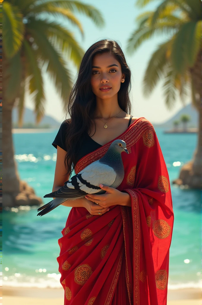 An Indian 26 years girl wearing a red saree black blouse standing in Dubai palm island holding a pigeon