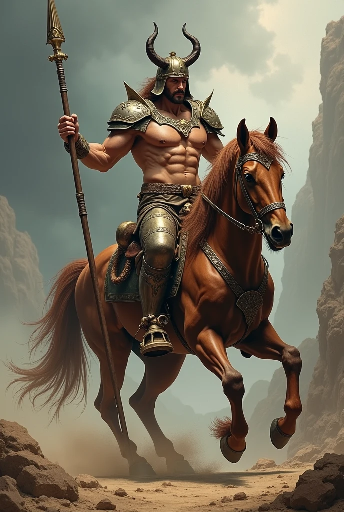 The Centaurs:The upper body is human and the lower body is horse, long spear, battle helmet, fictional painting, 