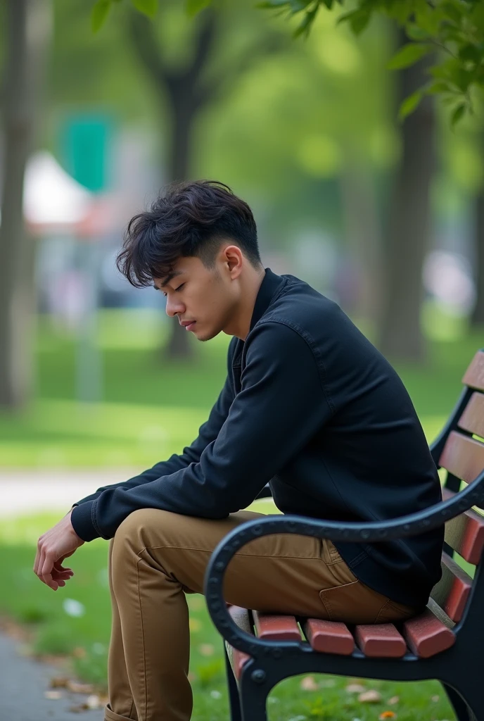 Young man sitting on a bench thinking and bowing his head. Detail 4k. Man from front.