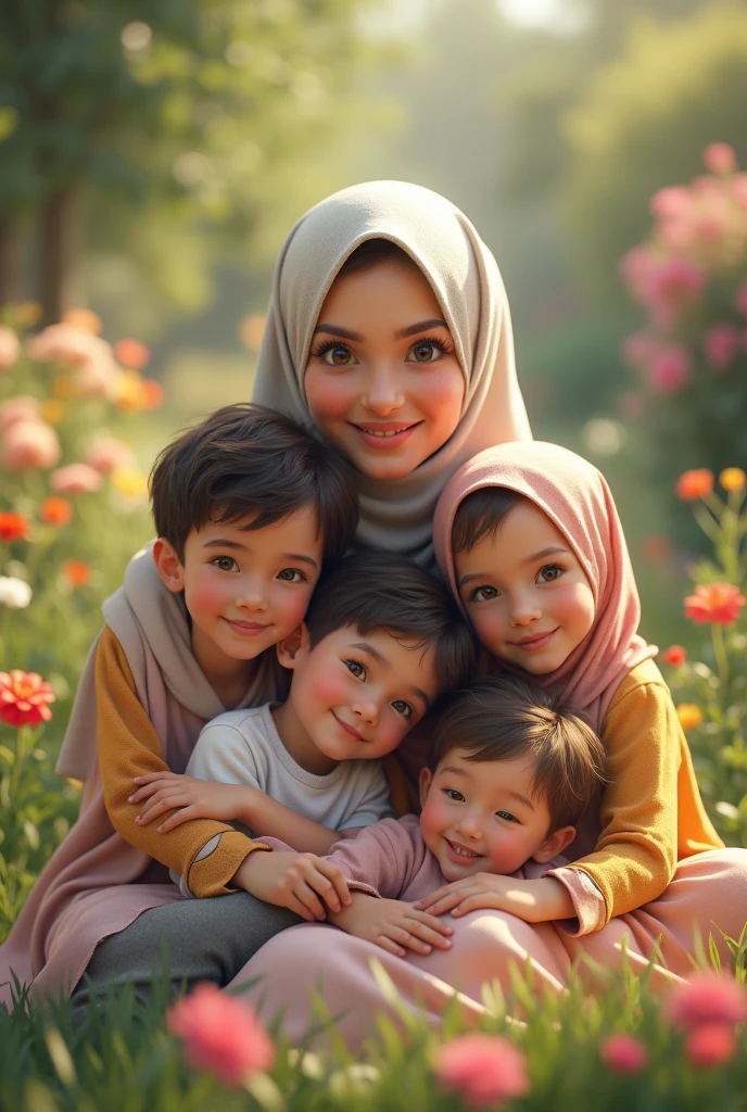 (photorealism:1.2), beautiful mama with four kids, three boys and one , wearing hijab, hugs, in flower garden,picnic