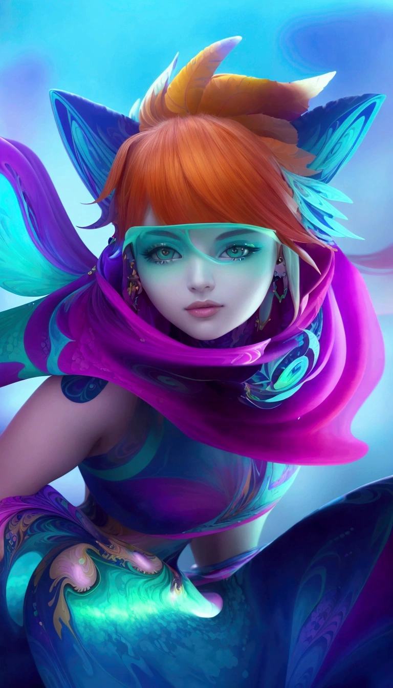 ((fractal art)),((masterpiece,best quality,extremely detailed,ultra high res,detailed background)),(((abstract background))),(1girl),((colorful)),flowers,(shiny skin),((many colors)),(earrings),feathers