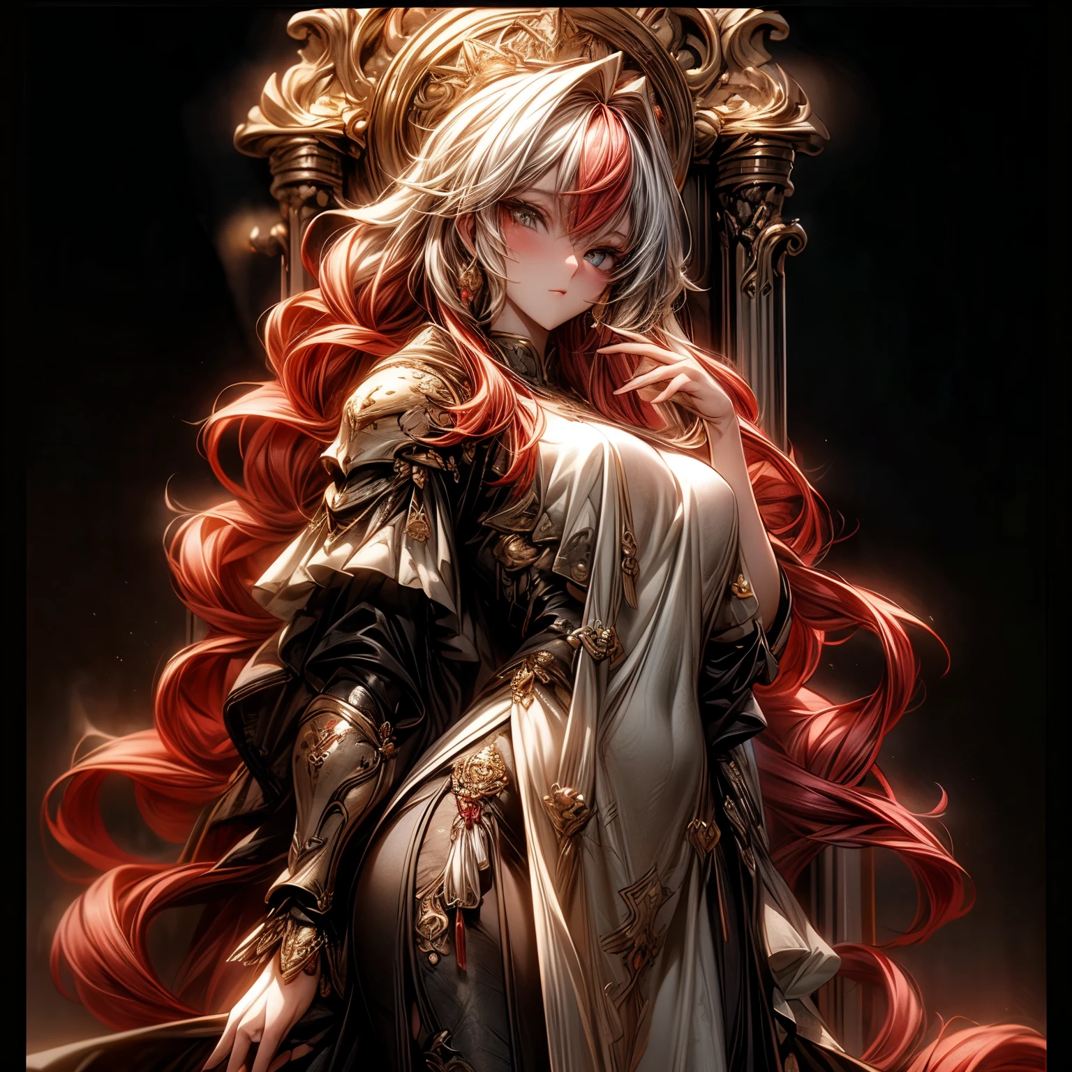(best quality)), ((Masterpiece)), (details:1.4), 3d, HDR (high dynamic range), an image of a beautiful cyberpunk female, Medieval, Red hair, Long hair, Full body, Beautiful white eyes, จมูกโด่ง, ปากแดง, หน้าอกใหญ่, nvidia RTX, PBR surface, After processing, Anisotropic filtration,depth of field, Maximum clarity and clarity, multi-layered surface, Subsurface scattering, perfect proportions, 8K raw files, ultra detailed, Perfect proportions, volumetric lighting, soft lighting, Holy Knight, Heavy Silver Armor, Golden dress, glossy skin, intricate Golden embroidery, Throne background, jewely, ต่างหู, นิ้วมือสมบูรณ์,