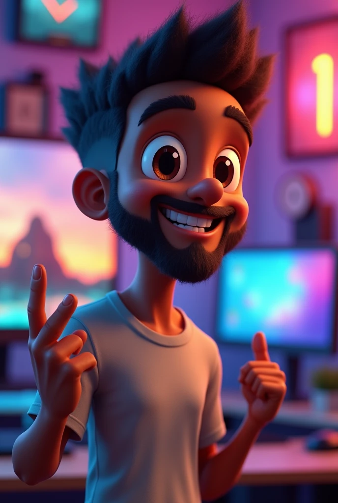 4d cartoon of a black man who is not thin, neat hair is not stylish, eyes browns, clean face, Wear casual clothes, t - shirt, standing in the gamer room, right hand rock sign, left hand rock sign. For large and close-up images. high resolution.