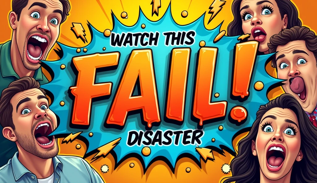 Background Image:
Action Shot: Use a high-energy, comedic action shot from your video. This could be someone mid-fail, like slipping, tripping, or having an unexpected funny moment. Ensure the image clearly depicts the moment of disaster to grab attention.
Text Overlay:
Main Title: Add the text “Watch This Hilarious Disaster!” prominently at the top or bottom of the thumbnail in bold, playful font. Use a bright, contrasting color like neon yellow or red to make it stand out.
FAIL Banner: Across the middle of the thumbnail, add a large, eye-catching “FAIL!” banner. This should be in a striking color like bright red or orange with a bold, distressed font to emphasize the fail. You might want to add some comic-style effects around the text, like explosion bursts or shock lines, to enhance the impact.
Additional Elements:
Facial Expressions: If possible, incorporate close-ups of people’s exaggerated facial expressions (shock, surprise, or laughter) to add a human element that viewers can relate to.
Decorative Accents: Add fun graphics or emojis, like laughing faces or facepalms, around the text or in the corners to increase visual interest and convey the fun nature of the video.
Design Tips:
Contrast and Brightness: Make sure there is a strong contrast between the background and the text to ensure readability. Adjust the brightness and contrast to make the image pop.
Borders: Consider adding a thin border around the thumbnail to help it stand out among other videos.