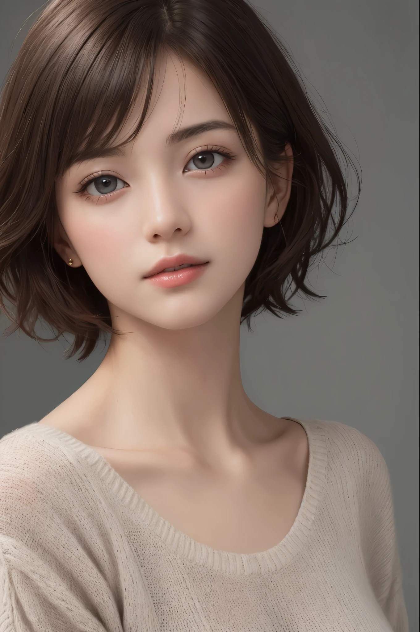 (Representative works:1.4)、(8k、Realistic、RAW Photos、Best image quality:1.4)、(30 year old mature woman)、Beautiful Face、(Realistic face)、(Dark brown hair、short hair:1.3)、Beautiful hairstyle、Realistic eyes、Fine and beautiful eyes、(Realistic skin)、Beautiful Skin、(sweater)、Uncoordinated、charm、超High resolution、Surreal、High resolution、Golden Ratio、Gray background