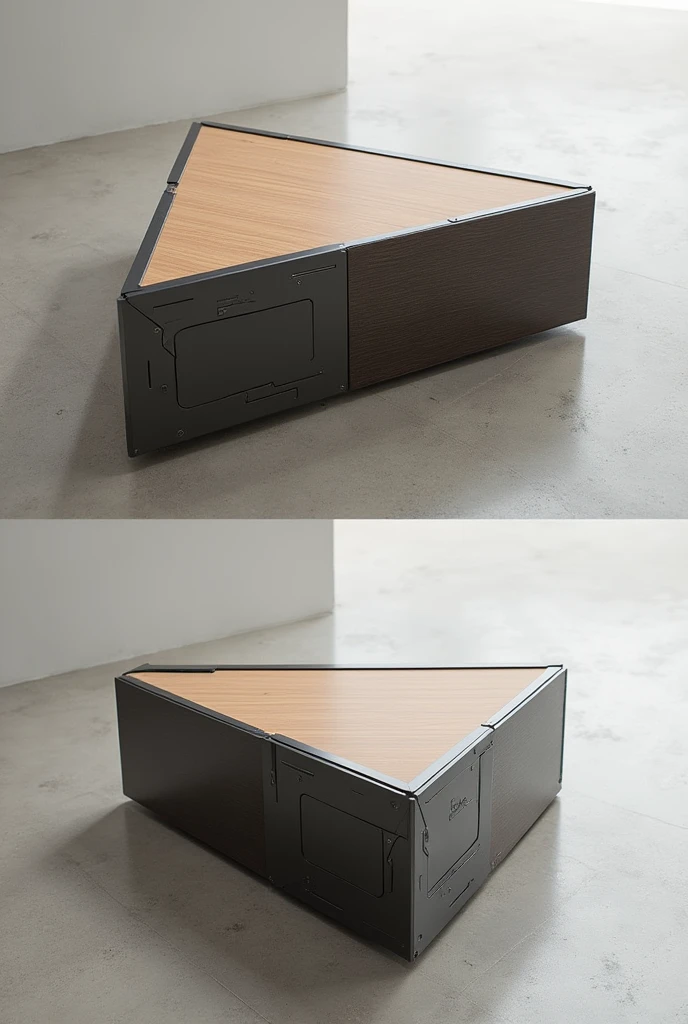 triangular-shaped folded table with different features 