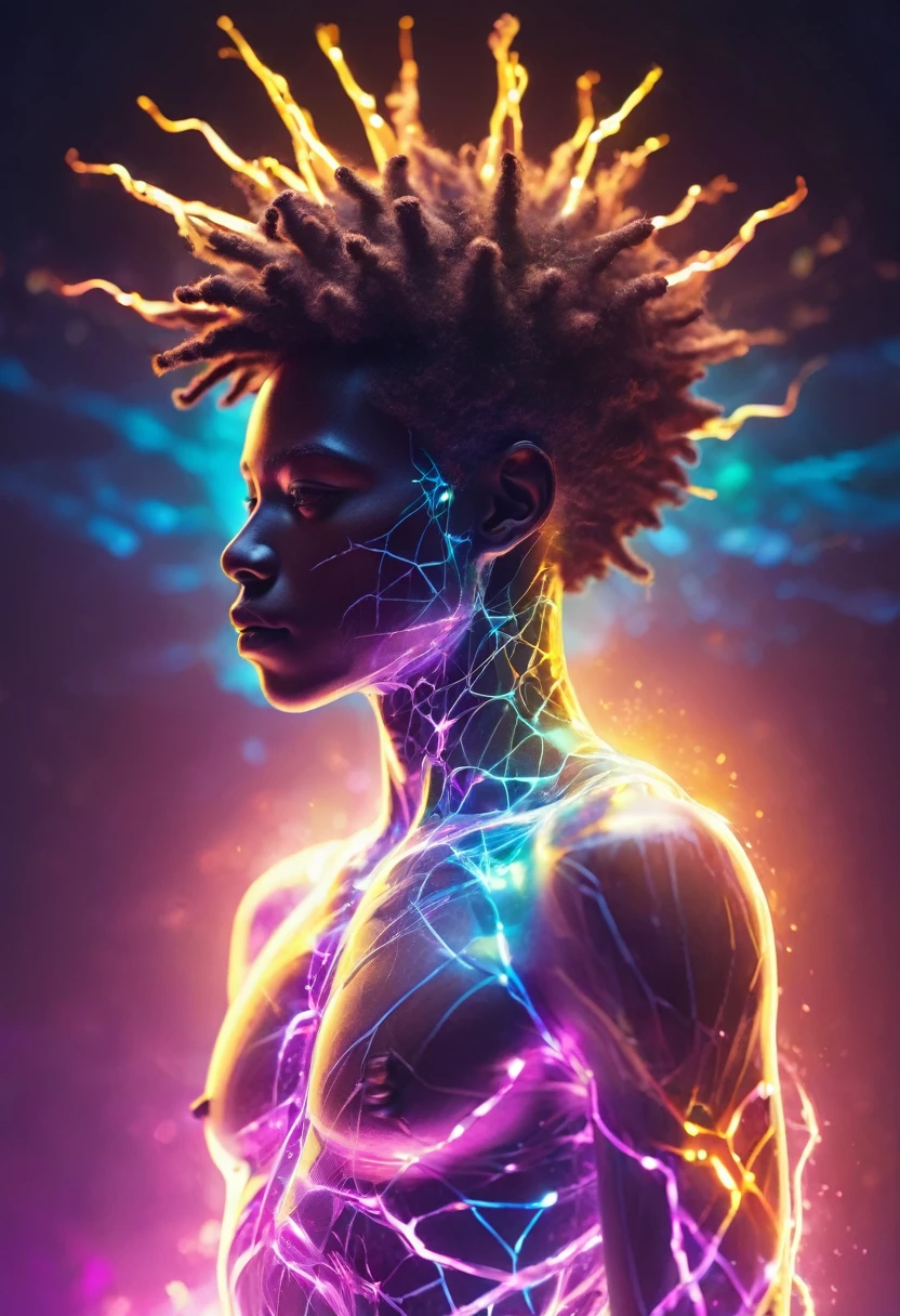 Suprem God, Ultra detailed illustration of the silhouette of a multidimensional Adolescent African boy entity, phantasmagorical Adolescent African figure made of pure Cosmic energy, (((translucent skin:1.5))), (((translucent body:1.5))), neon lights, light particles, colorful, cmyk colors, backlit,