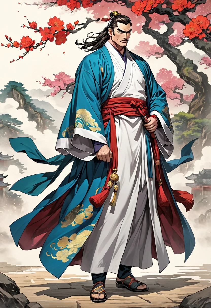 china, Three Kingdoms Jojo, Long robe, middle aged man, Full body exposed, Looking to the side, Don't turn your head, china 전통 의상, Only one person comes out, Gray-toned clothes, Monochromatic clothes