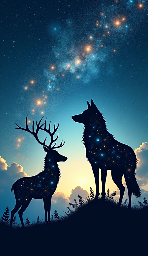 Design: Silhouettes of majestic animals, like a deer and a wolf, filled with a starry night sky. The animals are posed as if gazing up at the stars, their forms filled with constellations and nebulae. The design blends the beauty of nature with the mystery of the cosmos.