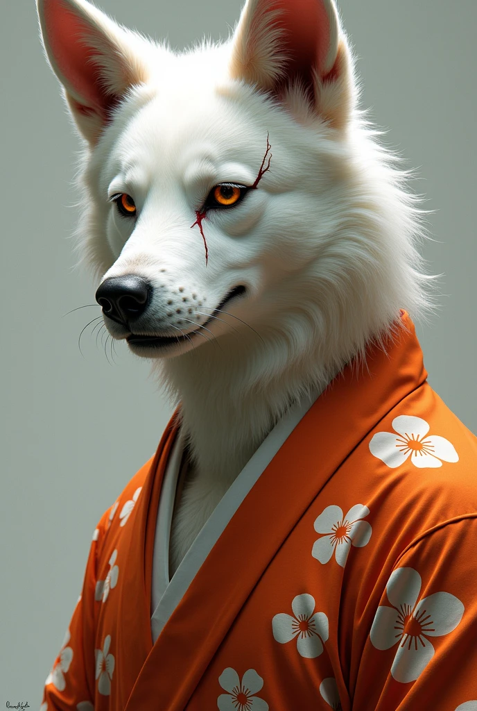 A white man with dog ears, wearing a yukata, with a scar over his left eye.
