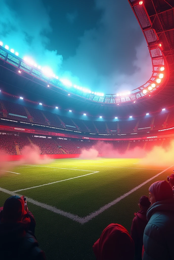 Modern football stadium in blue and red with golden smoke, ninja turtles backdrop and modern full stadium details