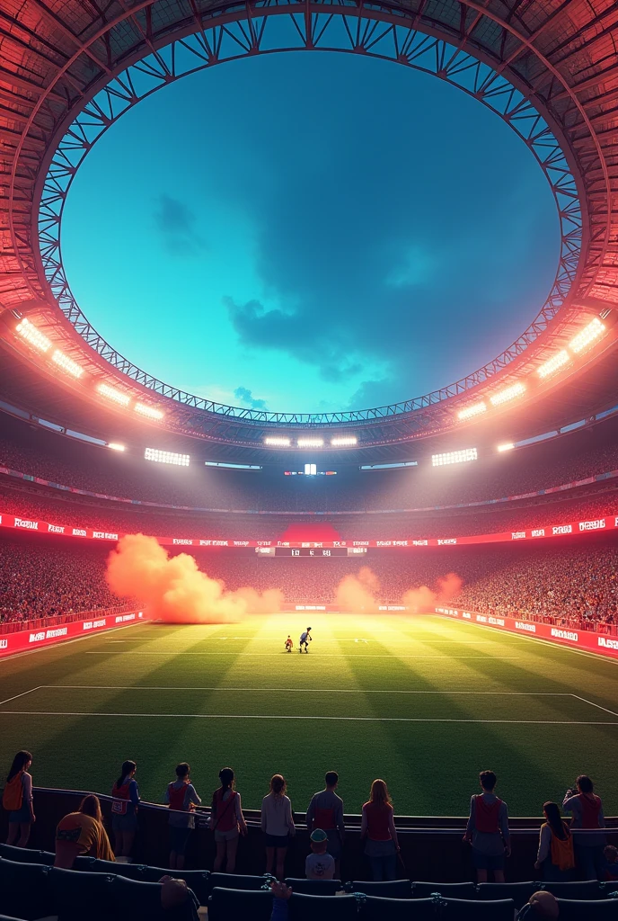 Modern football stadium in blue and red with golden smoke, ninja turtles backdrop and modern full stadium details 