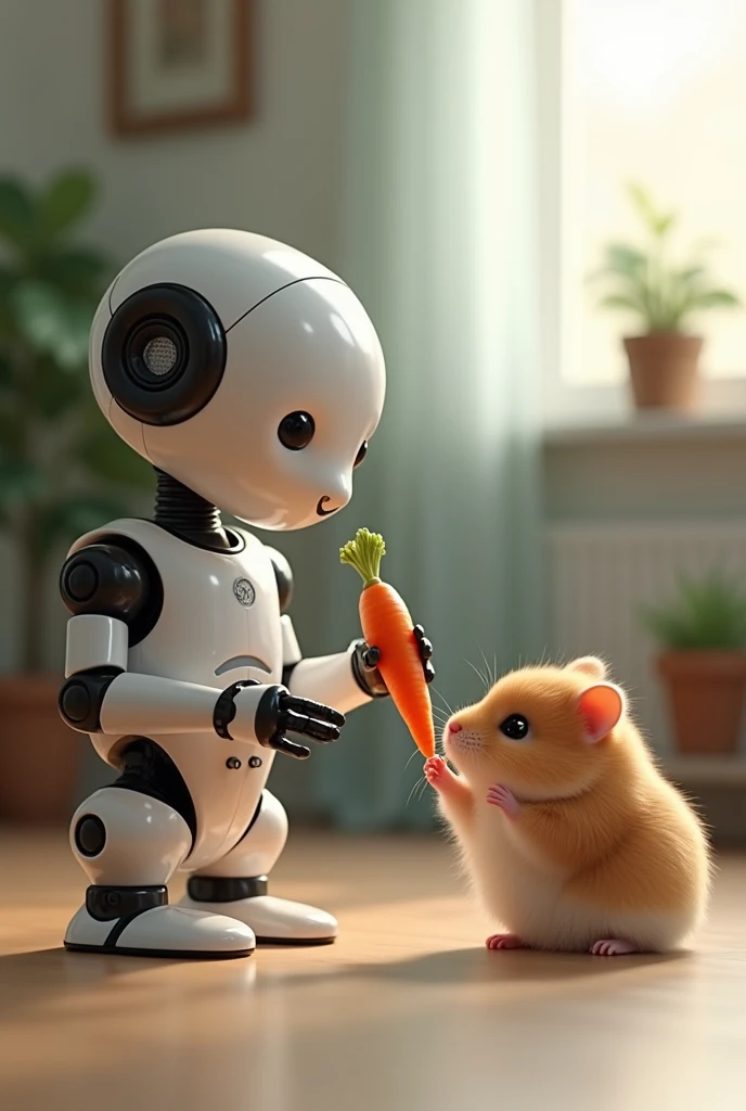 Robot feading carrot to hamster 